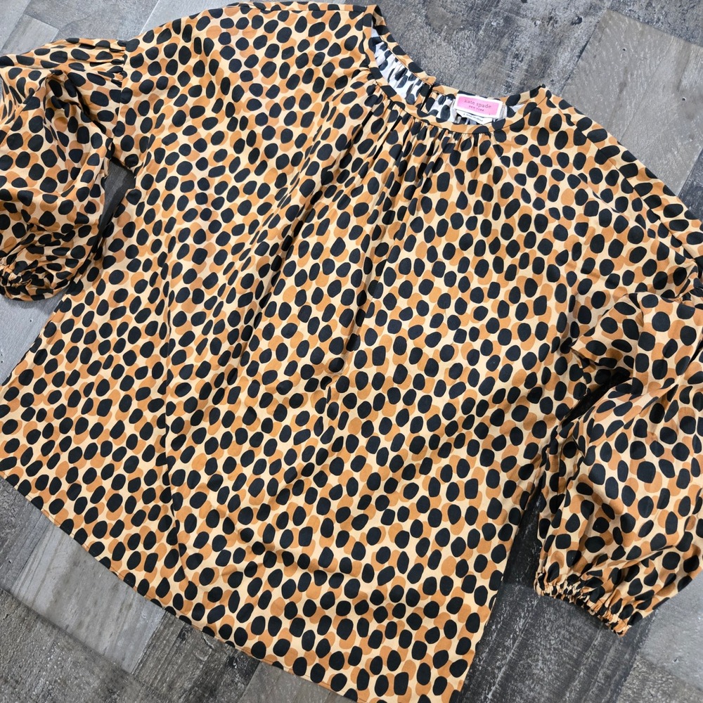 Kate Spade Dotty Leopard Around Town Top Puff Sleeve Blouse Womens Size Small